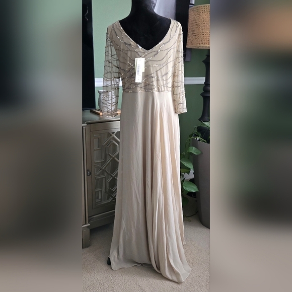 J Kara Women's 3/4 Sleeve Beaded Bodice Pop Over Long Dress #1045 - Picture 5 of 7